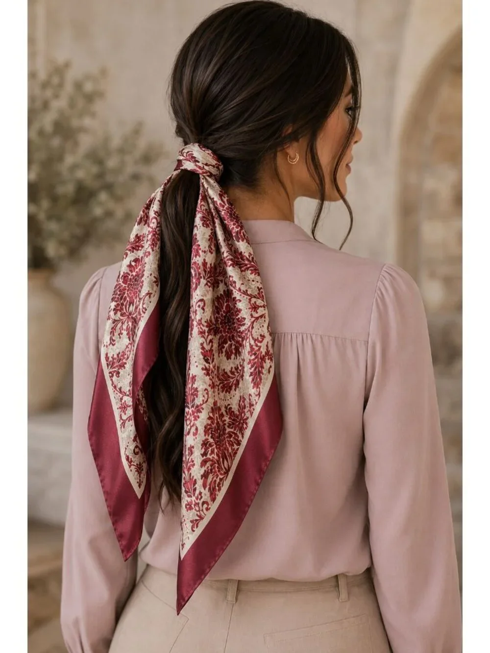 Burgundy Cream Damask Wild Rag Scarf 35x35 Satin Polyester Western